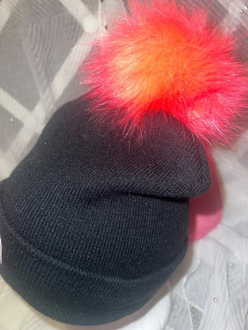 Justice Black Beanie with Bright Red Pom Pom